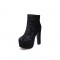 Round Toe Chunky Heels Back Zipper Ankle Highs Platforms Velvet Boots - Black