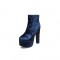 Round Toe Chunky Heels Back Zipper Ankle Highs Platforms Velvet Boots - Blue