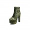 Round Toe Chunky Heels Back Zipper Ankle Highs Platforms Velvet Boots - Army Green