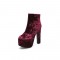 Round Toe Chunky Heels Back Zipper Ankle Highs Platforms Velvet Boots - Wine Red