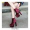 Round Toe Chunky Heels Back Zipper Ankle Highs Platforms Velvet Boots - Wine Red