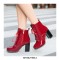 Chunky Heels English Style Lace Up Patent Boots with Side Zipper - Red