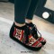 Round Toe Hand Sewing Stitch Decorated Lace Up Kilim Pattern Colorful Ethnic Flats - Black