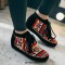 Round Toe Hand Sewing Stitch Decorated Lace Up Kilim Pattern Colorful Ethnic Flats - Black