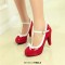 Round Toe Chunky Heels Sweet Bowknot Lolita T Straps Pumps - Red