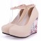 Round Toe Ankle Buckle Straps Flower Printed Wedges Pumps - Beige Faux Leather
