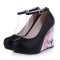 Round Toe Ankle Buckle Straps Flower Printed Wedges Pumps - Black Faux Leather