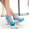 Round Toe Ankle Buckle Straps Flower Printed Wedges Pumps - Blue Faux Leather