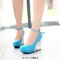 Round Toe Ankle Buckle Straps Flower Printed Wedges Pumps - Blue Faux Leather