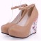 Round Toe Ankle Buckle Straps Flower Printed Wedges Pumps - Apricot Tan Faux Leather