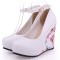 Round Toe Ankle Buckle Straps Flower Printed Wedges Pumps - White Faux Leather