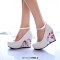 Round Toe Ankle Buckle Straps Flower Printed Wedges Pumps - White Faux Leather