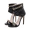 Peep Toe Ankle Golden Metal Rivet and Chain Decoration Summer Booties - Black Faux Leather
