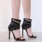 Peep Toe Ankle Golden Metal Rivet and Chain Decoration Summer Booties - Black Faux Leather
