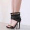 Peep Toe Ankle Golden Metal Rivet and Chain Decoration Summer Booties - Black Faux Leather