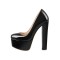 Chunky Heels Round Toe Platform Block Pumps - Black Patent