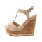Peep Toe Platforms Ankle Buckle T-Straps Wedges Sandals - Beige