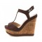 Peep Toe Platforms Ankle Buckle T-Straps Wedges Sandals - Brown