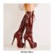 Stiletto Heels Platform Knee High Lace Up Booties with Side Zipper - Burgundy