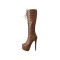 Stiletto Heels Platform Knee High Lace Up Matt Booties with Side Zipper - Brown