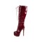 Stiletto Heels Platform Knee High Lace Up Booties with Side Zipper - Burgundy