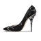 Pointed Toe Stiletto Flower Leaf Heels Elegant Silk Fabric Pumps - Black Silk