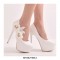 Round Toe Ankle Straps Tulle Floral Stiletto Heels Platforms Wedding Pumps - White