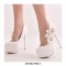 Round Toe Ankle Straps Tulle Floral Stiletto Heels Platforms Wedding Pumps - White