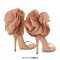 Peep Toe Rose Flower Decorated Ankle Buckle Straps Stiletto Heels Rhinestones Sandals - Beige Satin Silk