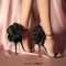 Peep Toe Rose Flower Decorated Ankle Buckle Straps Stiletto Heels Rhinestones Sandals - Black Satin Silk