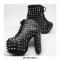 Spike Rivet Decorated Chunky Heels Leather Platforms Lace Up Boots - Black