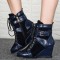 Round Toe Buckle Straps Decorated Side Zipper Lace Up Wedges Autumn Boots - Blue