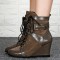 Round Toe Buckle Straps Decorated Side Zipper Lace Up Wedges Autumn Boots - Gray