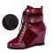 Round Toe Buckle Straps Decorated Side Zipper Lace Up Wedges Autumn Boots - Wine Red