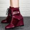 Round Toe Buckle Straps Decorated Side Zipper Lace Up Wedges Autumn Boots - Wine Red