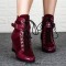 Round Toe Buckle Straps Decorated Side Zipper Lace Up Wedges Autumn Boots - Wine Red
