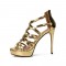 Stiletto Heels Ankle Straps Fretwork Patent Back Zipper Pumps - Gold