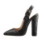 Pointed Toe Fish Scale Pattern Slingback Chunky Heels Pumps - Black Faux Leather