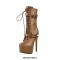 Round Toe Platform Side Zipper Metal Buckle Straps Ankle Stiletto Boots  - Brown