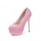 Round Toe Floral Lace Covered Stiletto Heels Platforms Pumps - Pink