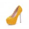 Round Toe Floral Lace Covered Stiletto Heels Platforms Pumps - Yellow