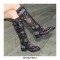 Knee Highs Embroidery Buckle Straps Flat Autumn Winter Boots with Side Zipper - Black