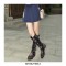 Knee Highs Embroidery Buckle Straps Flat Autumn Winter Boots with Side Zipper - Black