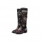 Knee Highs Embroidery Buckle Straps Flat Autumn Winter Boots with Side Zipper - Black