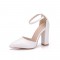 Pointed Toe Ankle Buckle Straps 3.9 Inches Chunky Heels Wedding Dorsay Pumps - White