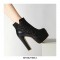 Chunky Heels Round Toe Platforms Sequiny Shiny Ankle Boots - Black