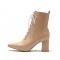 Pointed Toe Chunky Heels Side Zipper LaceUp Motorcycle Boots - Beige