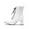 Pointed Toe Chunky Heels Side Zipper LaceUp Motorcycle Boots - White
