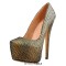 Round Toe Stiletto Heels Platforms Glossy Sequins Pumps - Gold Faux Leather