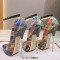 Pointed Toe Stiletto Heels Ankle Buckle Straps Patchwork Pattern Pumps - SkyBlue Patent